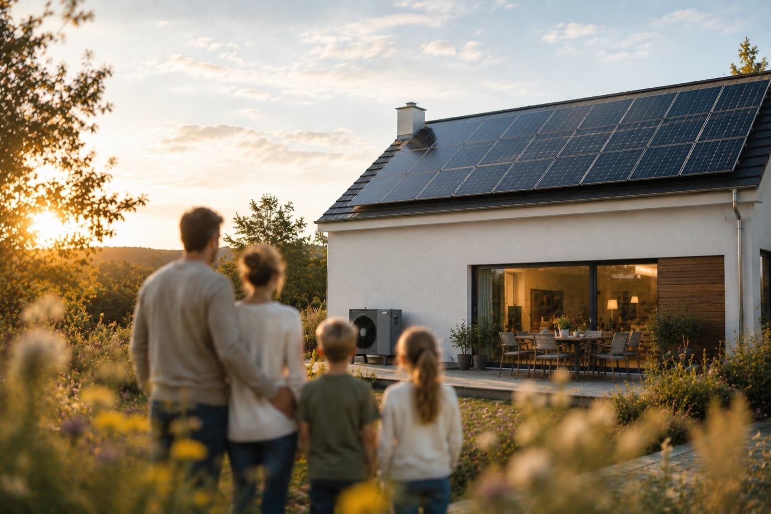 Eine Familie betrachtet ihr modernes, energetisch saniertes Einfamilienhaus mit Solaranlage und Wärmepumpe.