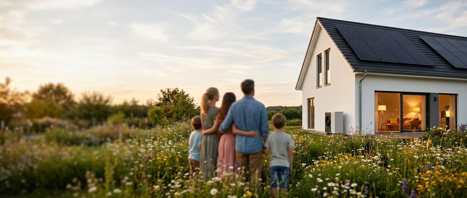 Eine Familie betrachtet ihr modernes Einfamilienhaus mit Solaranlage und Wärmepumpe.